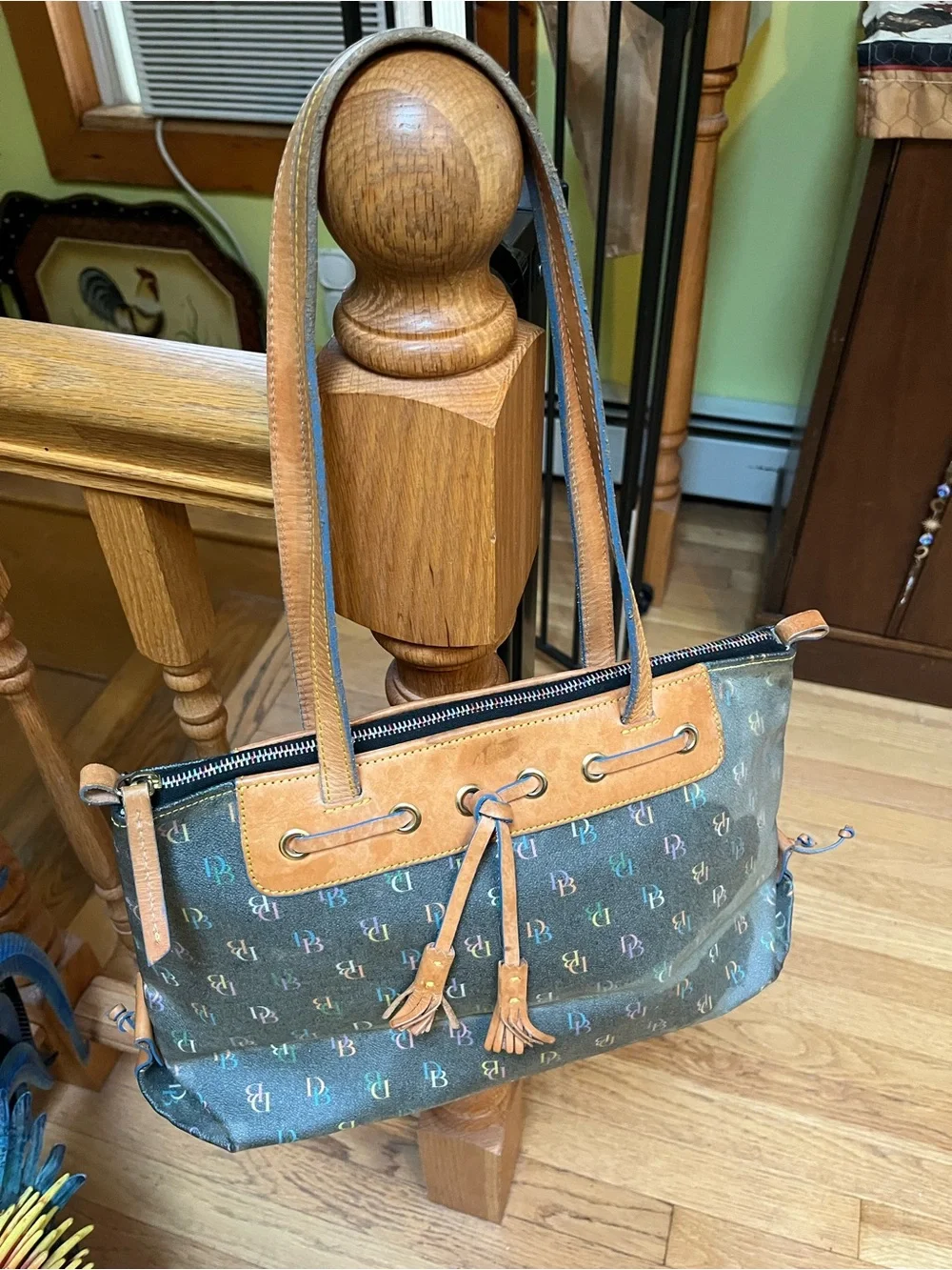 Dooney & Bourke y2k Multicolor Logo Canvas Satchel Bag with Brown Leather Trim